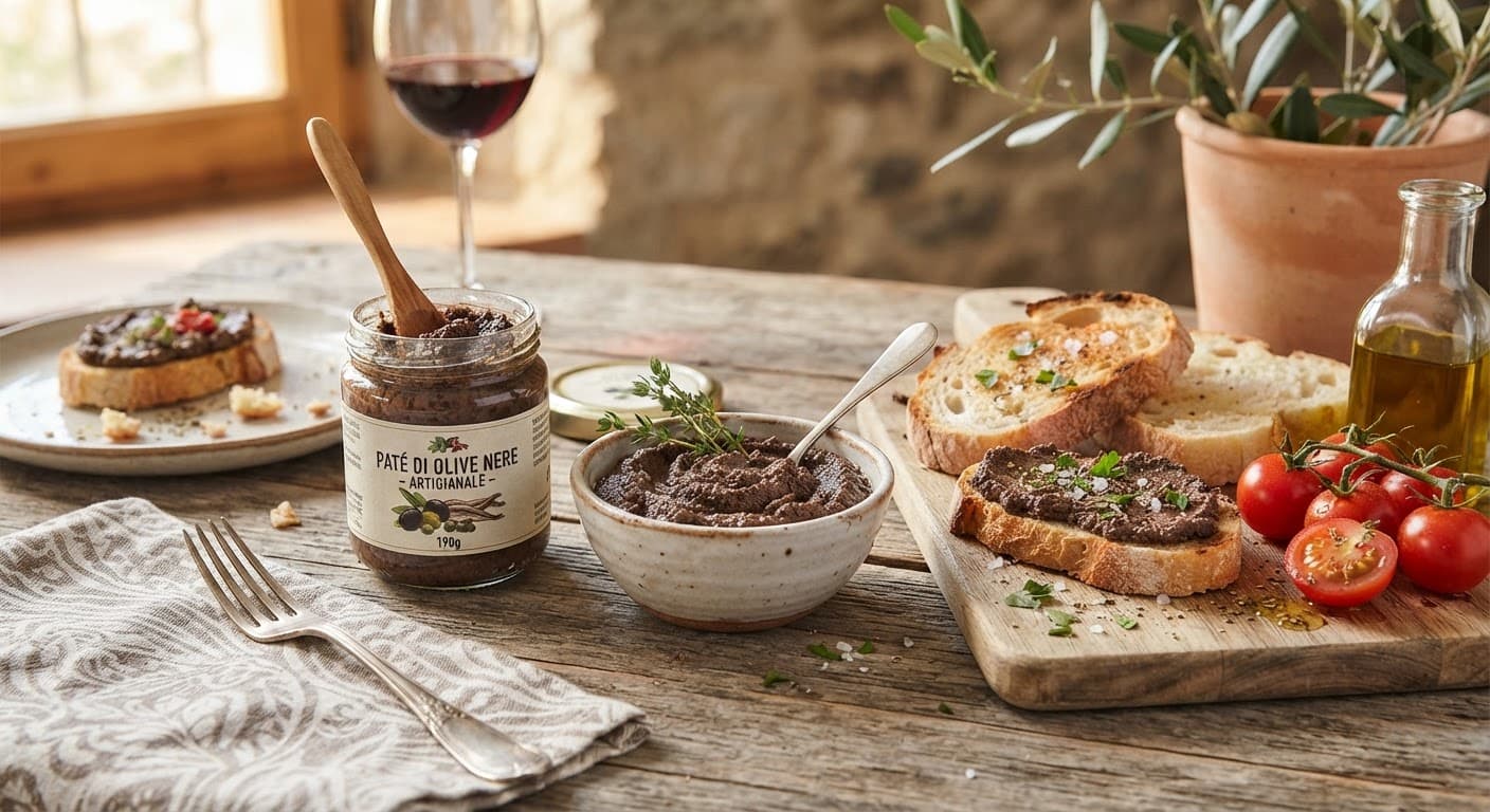 Vasetto di paté di olive nere con fette di pane e pomodorini