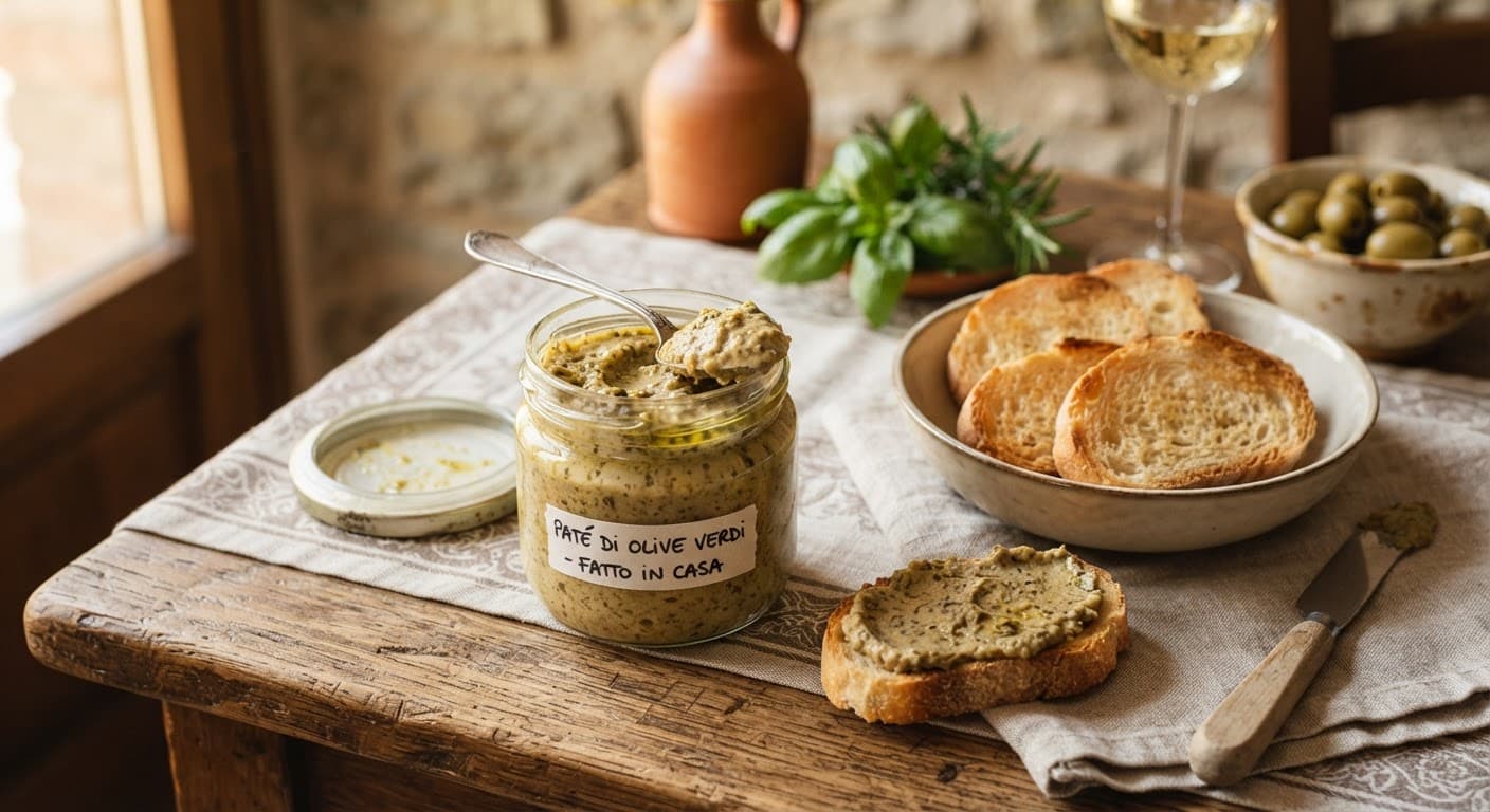 Vasetto di paté di olive verdi con crostini e cucchiaio di legno