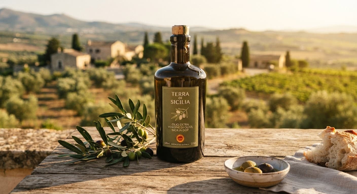 Bottiglia di olio extravergine d'oliva Nocellara del Belice con rametto di ulivo