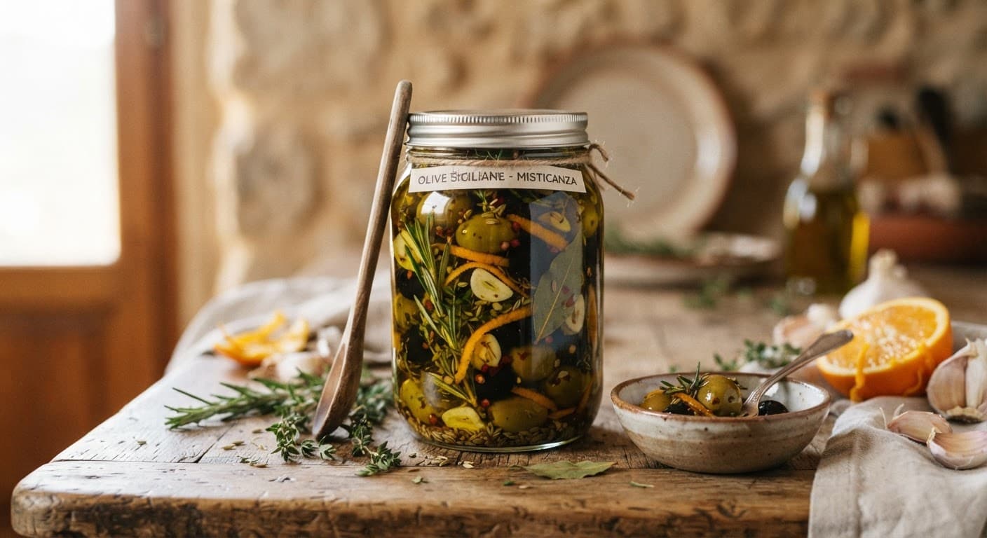 Vasetto di olive condite con erbe aromatiche, aglio e scorza d'arancia