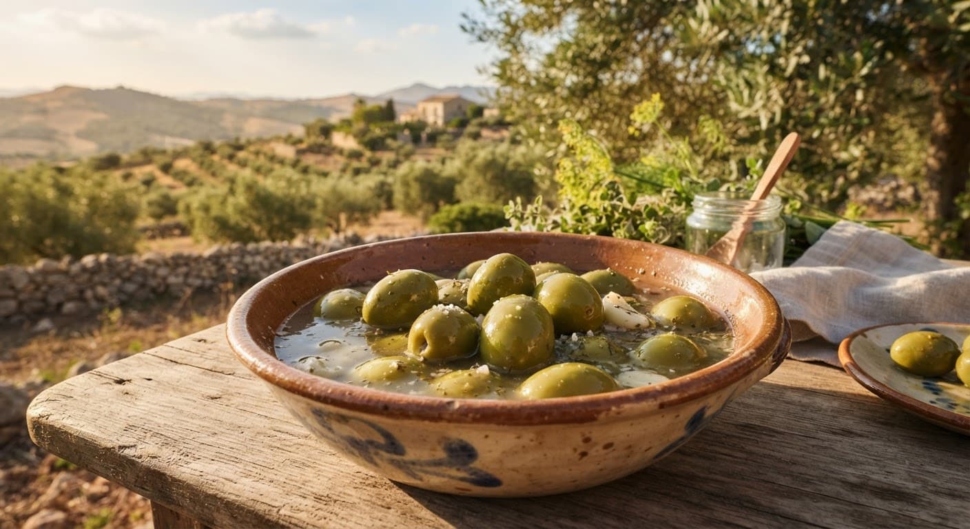 Ciotola di olive verdi Nocellara del Belice in salamoia di acqua e sale
